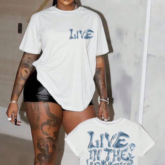 White Casual Women's Crew Neck Short Sleeve English Letter Graphic T-Shirt - Picture 1 of 3